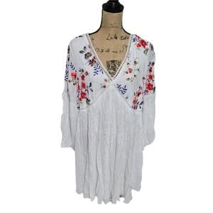 J. Gee White Embroidered Floral Gauzy‎ Long Sleeve Mini Dress Coverup Plus 1X 3X